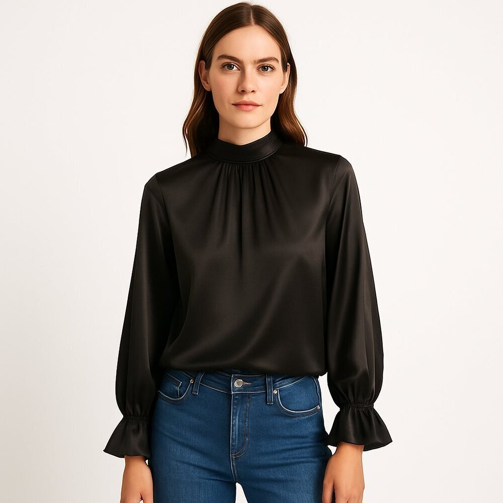 WHY DRESS Satin Mock Neck Blouse Bishop Sleeve Keyhole Black M
